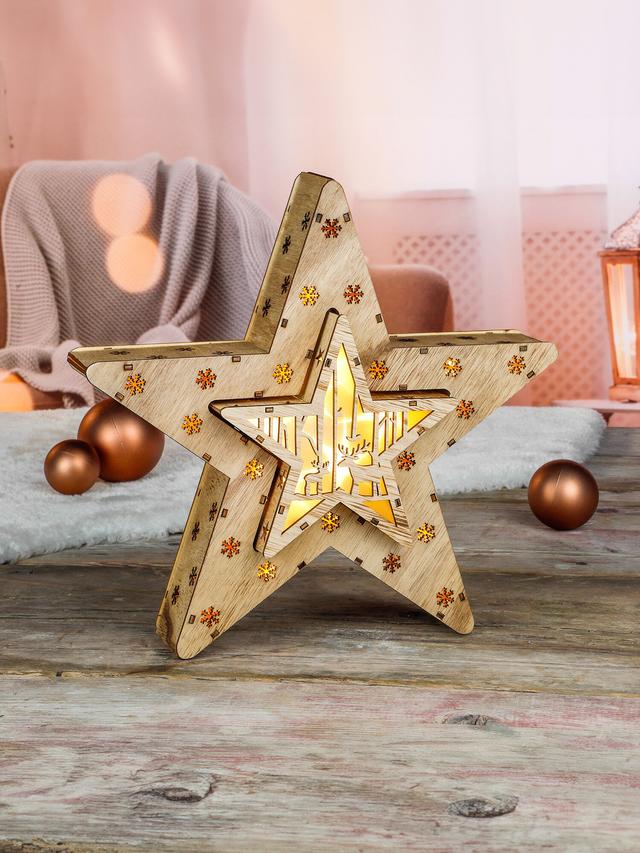 Produktbild von LED Weihnachtsstern aus Holz, mit 16 warmweißen LEDs, 2er-Set
