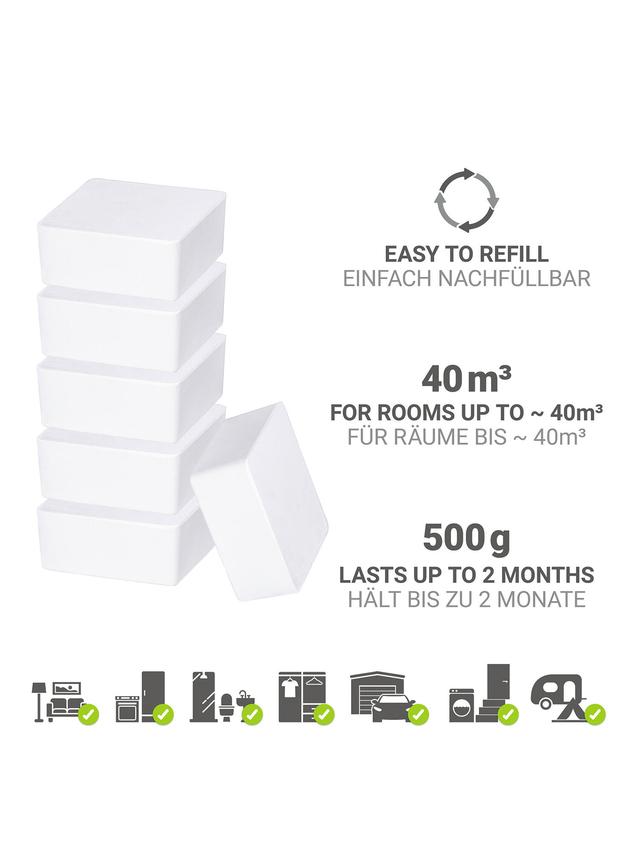 Produktbild von Raumentfeuchter "Cube" Nachfüllpackung, für bis 40 qm2, rechteckig, gegen Feuchtigkeit und Gerüche, 6er-Set, 3000 g