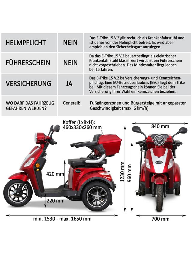 Produktbild von E-Trike "15 Pro" Blei-Gel-Akku, mit Straßenzulassung, führerscheinfrei, 50 km Reichweite, bis zu 15 km/h, 1000 W