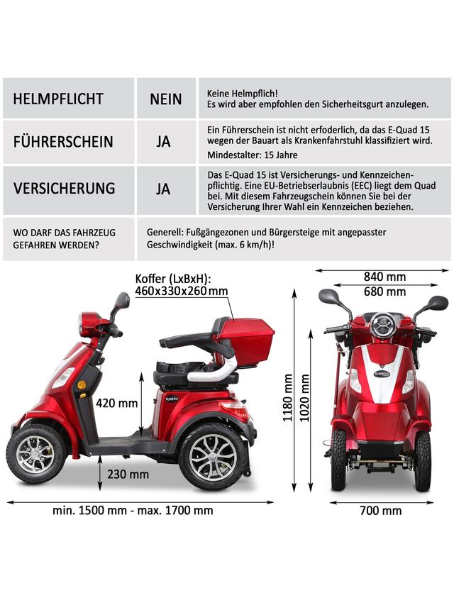 Produktbild von E-Quad "Theo 15" führerscheinfrei, mit Straßenzulassung & TÜV Zertifikat, 50 km Reichweite, bis zu 15 km/h, 1000 W