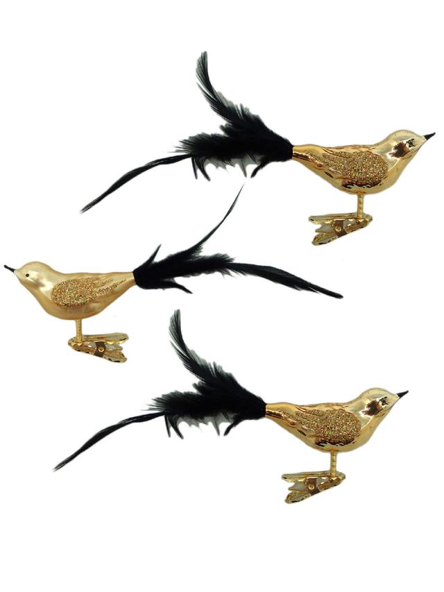Produktbild von Glasvögel für Christbaumschmuck, mit Clip, mundgeblasen, handdekoriert, 8 cm, 3er-Set