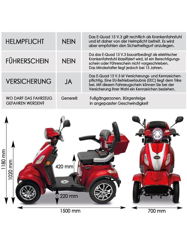 Produktbild von E-Quad " Theo 15 Premium" mit Straßenzulassung, ohne Führerschein & Helmpflicht, Lithium Batterie, herausnehmbarer Akku, 90 km Reichweite, bis zu 15 km/h, 1000 W