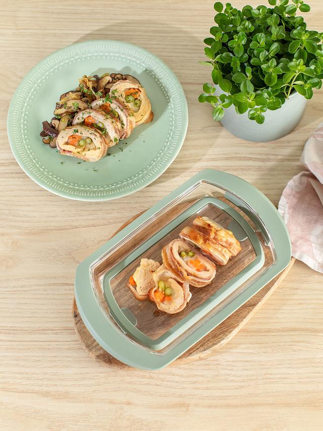 Produktbild von Dampfbox aus Glas mit Deckel und Dampfventil, Mikrowelle und Backofen, schonendes Garen, 2 Portionen, 0,75 l