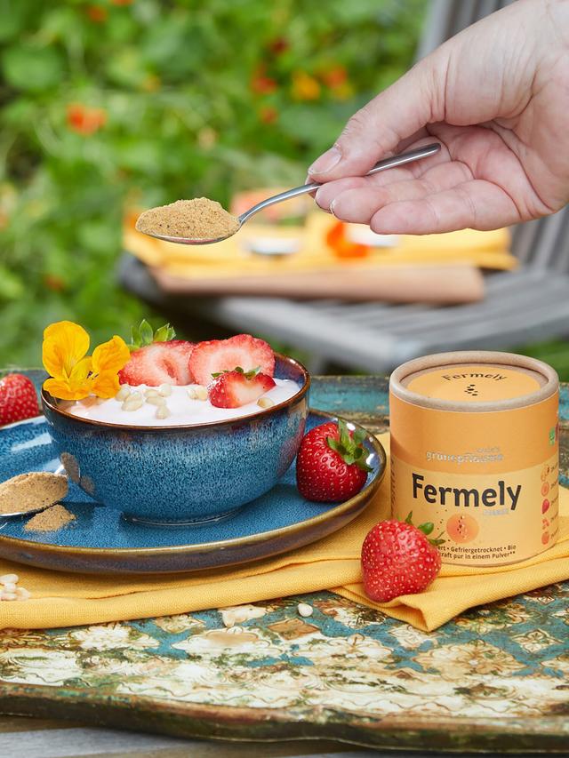 Produktbild von louie's grünepflaume Bio-Pulver-Set "Fermely" auf Basis fermentierter & gefriergetrockneter Obst-, Gemüse- und Pflanzenzutaten, 7x 70 g