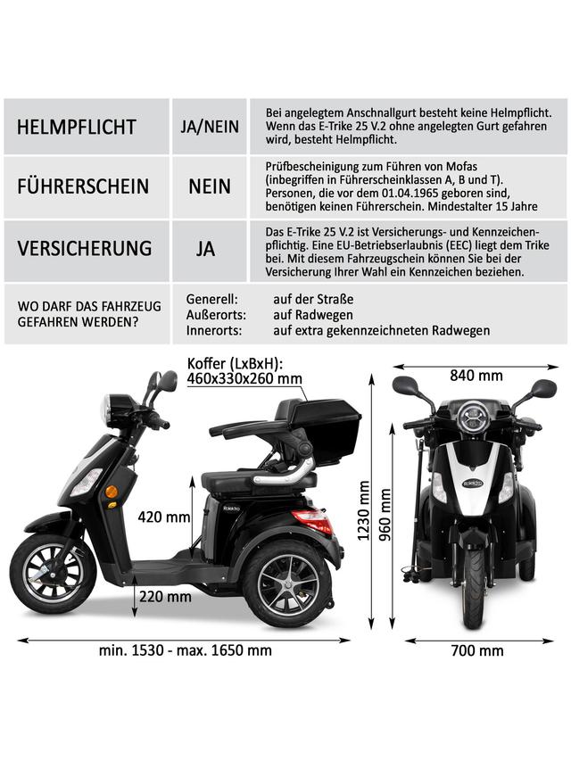Produktbild von E-Trike "25 Pro" führerscheinfrei, ohne Helmpflicht, mit Straßenzulassung, 50 km Reichweite, bis zu 25 km/h, 1000 W