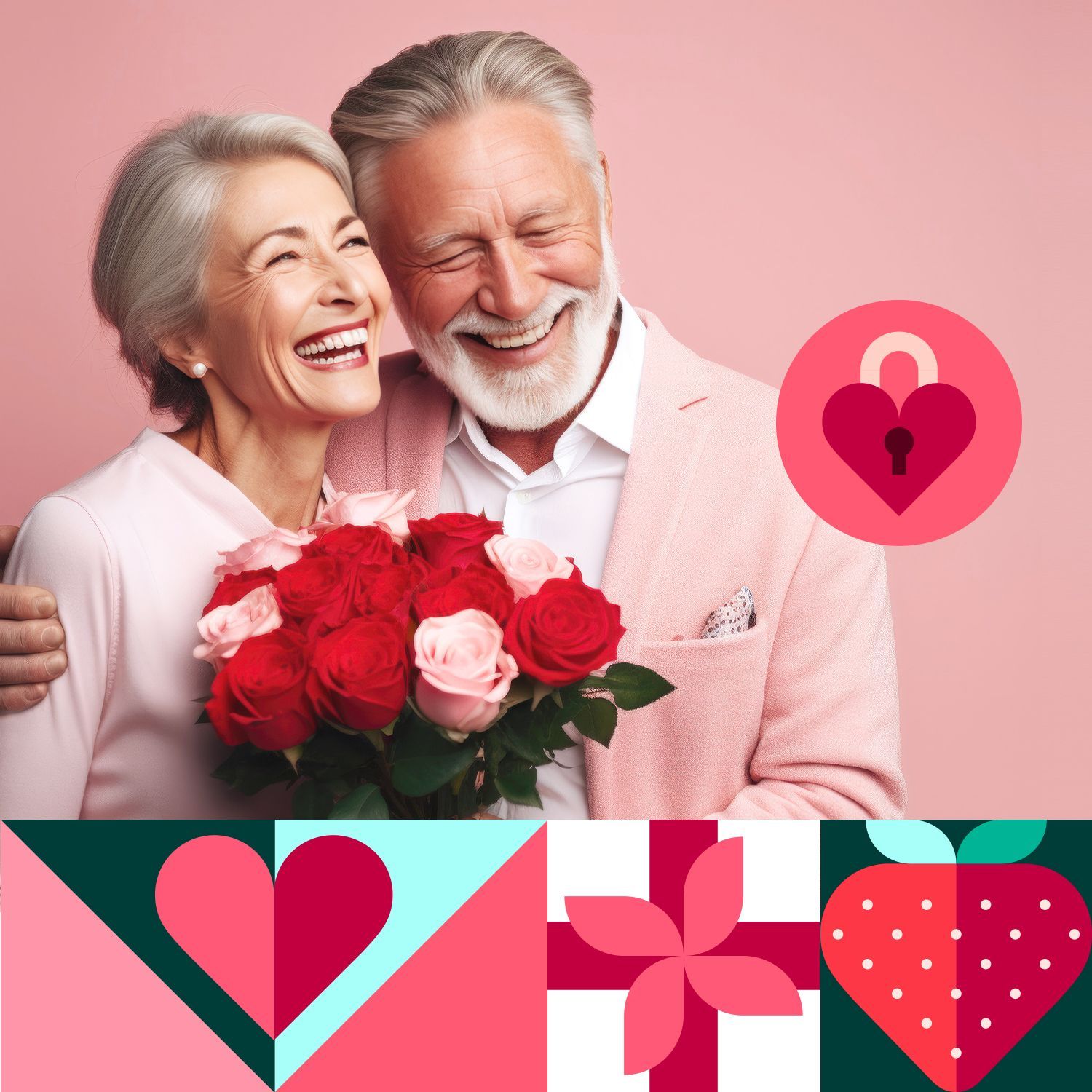 Valentinstag – mit Liebe schenken Ein glückliches älteres Paar mit einem Rosenstrauß im Rosahintergrund