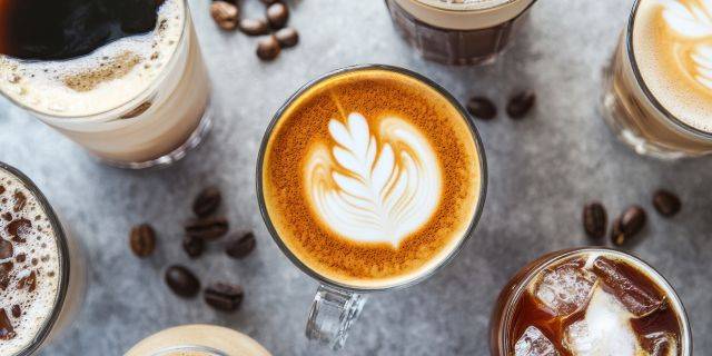 Kaffee Eine Auswahl von acht Gläsern mit verschiedenen Kaffeegetränken, darunter ein Glas mit Latte Art in Form eines Blattes. Kaffeebohnen liegen verstreut auf der Oberfläche.