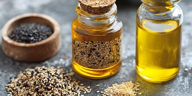 Sesam und Sesamöl Zwei kleine Glasflaschen mit Korkverschluss, gefüllt mit Sesamöl und Sesamsamen, daneben eine Holzschale mit schwarzen Sesamsamen und verstreute helle Sesamsamen auf grauem Untergrund.