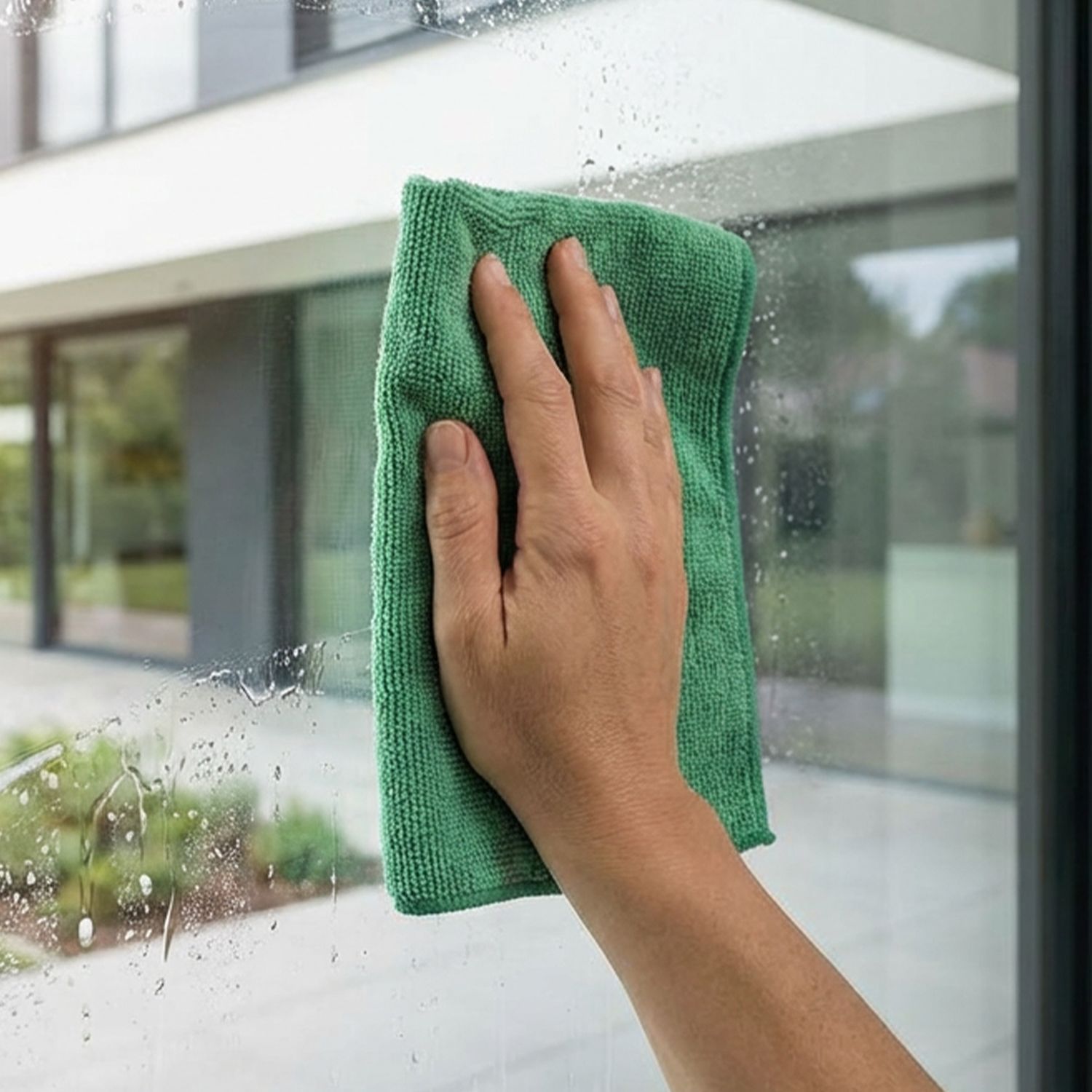 Streifenfreier Fensterreinigung Hand wischt mit grünem Mikrofasertuch eine nasse Fensterscheibe.