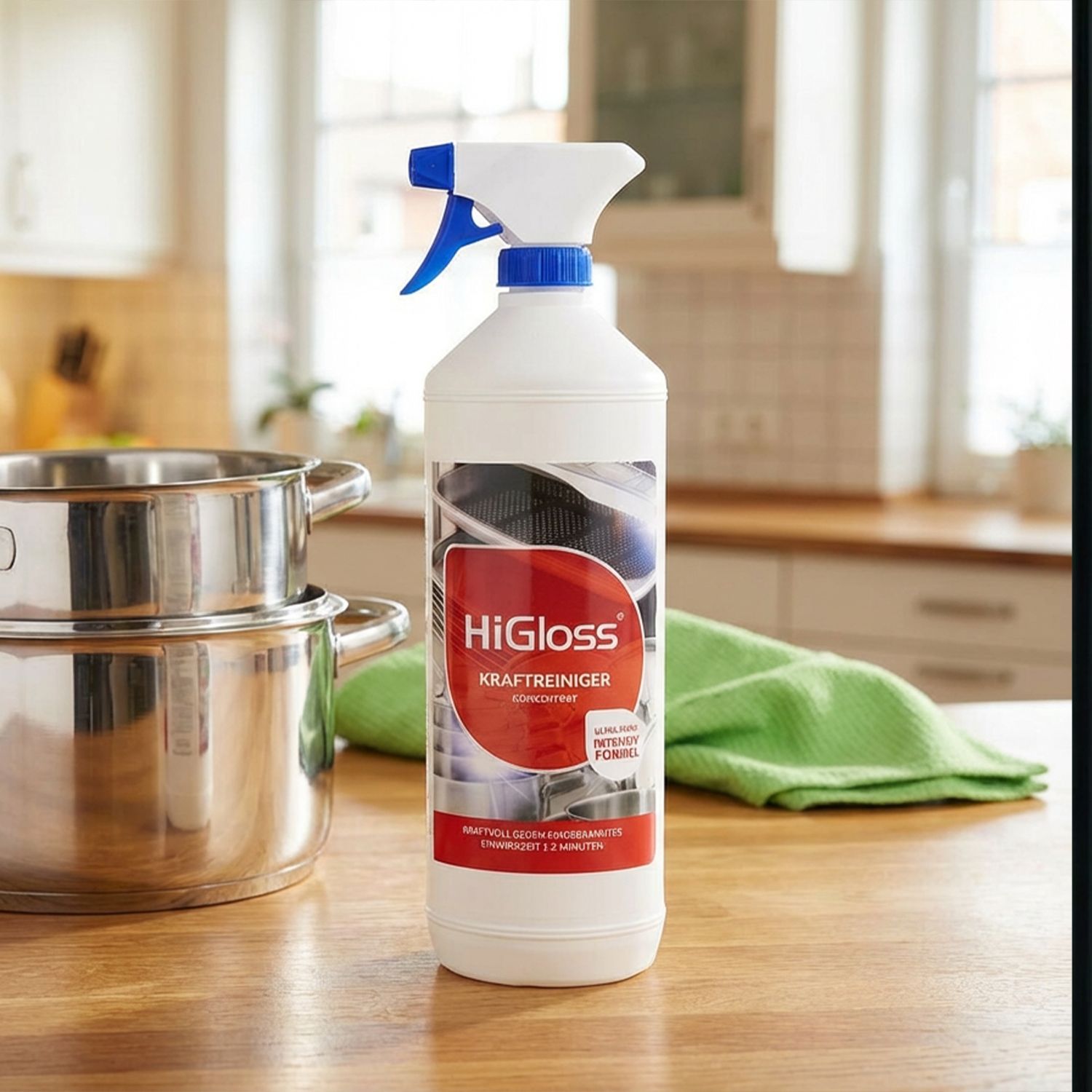Strahlend saubere Küche – Jetzt entdecken Sprühflasche mit HiGloss Kraftreiniger auf Holztisch, daneben zwei ineinander gestapelte Edelstahltöpfe und ein grünes Tuch, im Hintergrund Küchenfenster und -schränke.