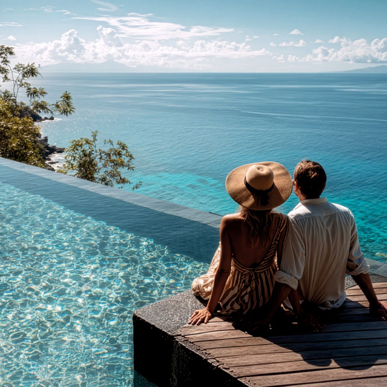 Gewinner-Auslobung Paar sitzt auf Holzsteg und blickt auf Infinity-Pool mit Meerblick