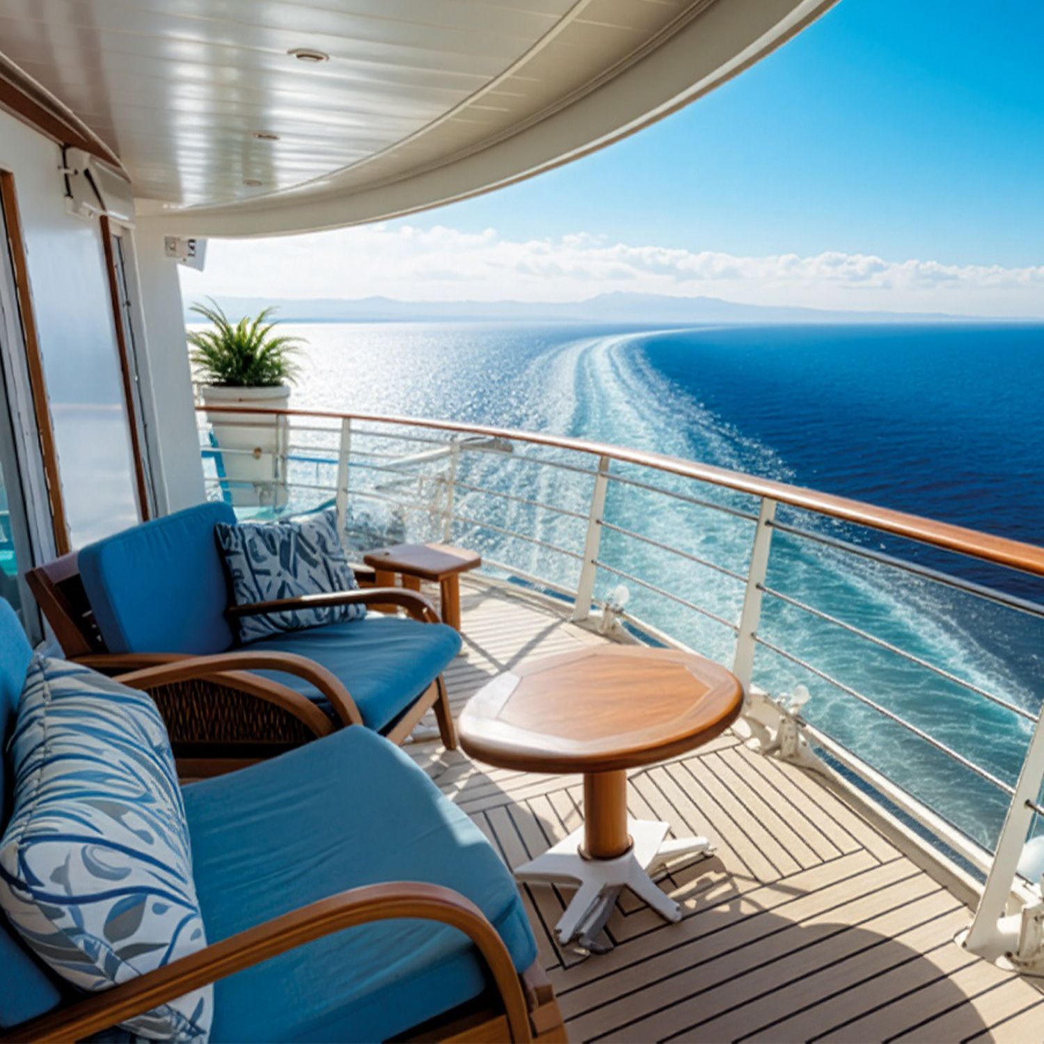 Sichern Sie sich Ihr Glückslos und registrieren Sie Ihre Losnummer Blick von der Balkonterrasse eines Kreuzfahrtschiffs mit blau gepolsterten Sesseln, kleinem runden Holztisch und Meer mit Schiffswellen im Hintergrund