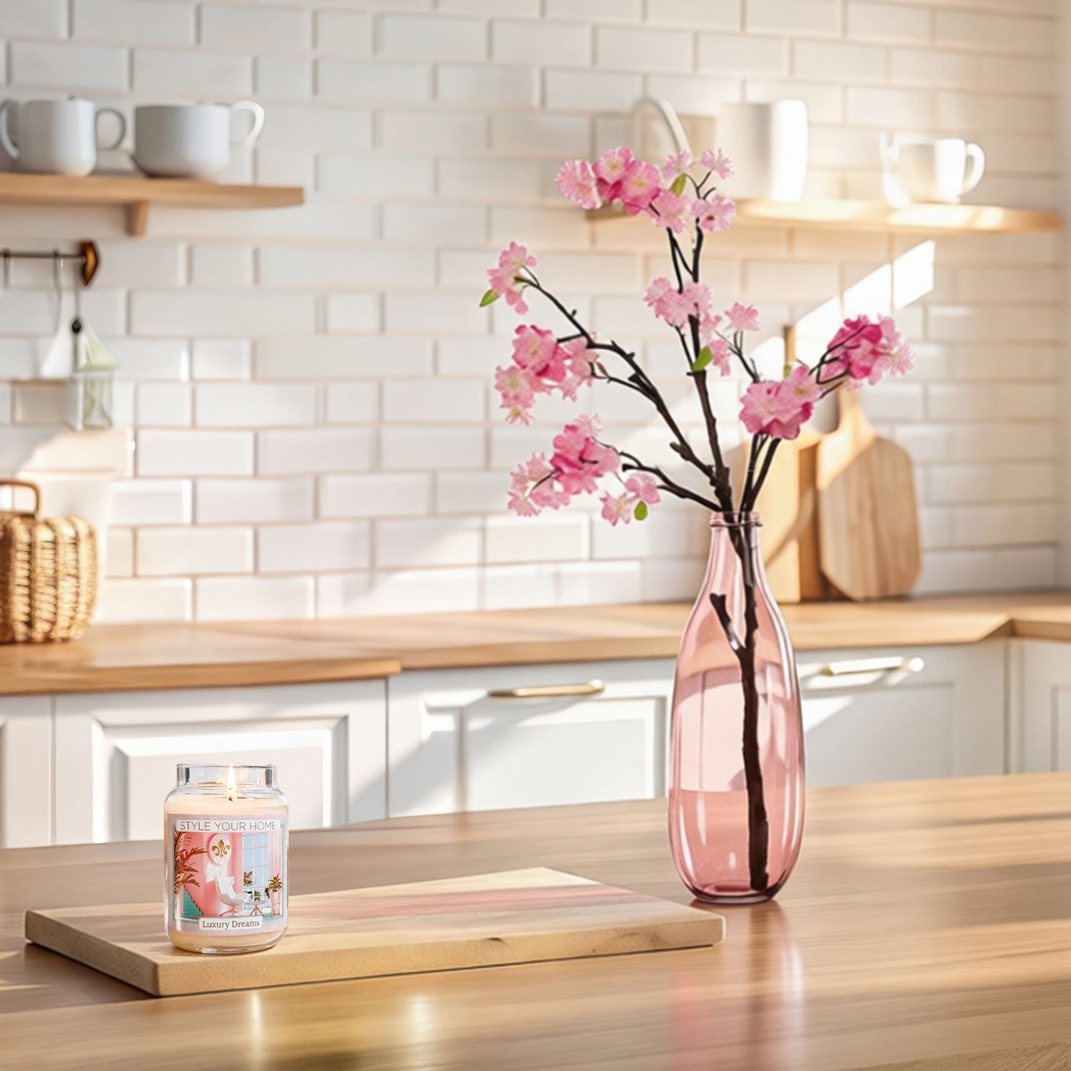 Frühlingsdekoration für drinnen Küche mit weißen Fliesen, Holzarbeitsplatte, rosa Vase mit Kirschblütenzweigen und brennender Duftkerze auf der Arbeitsfläche