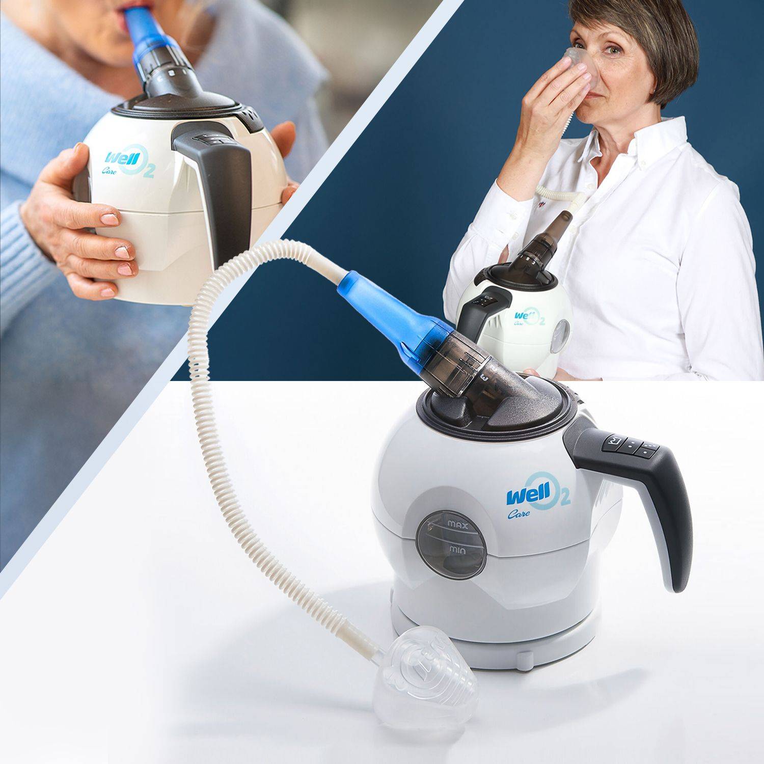 Mobiler Atemtrainer – zur Unterstützung bei Atemproblemen Person hält ein weißes Inhalationsgerät mit schwarzem Griff und blauem Aufsatz, verbunden mit einem Schlauch und einer Maske