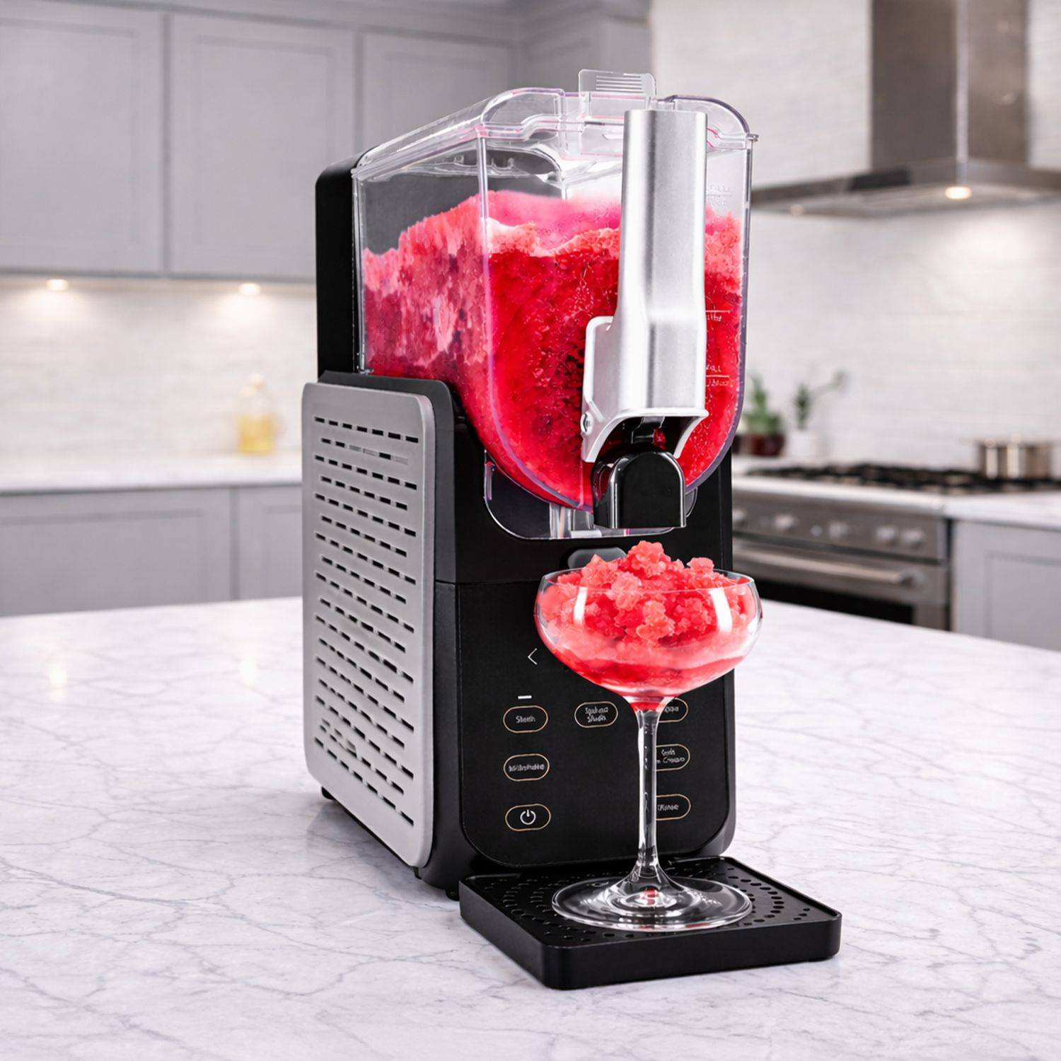 Die Getränkemaschine für Terrasse & Gäste – jetzt ausprobieren Eiscrusher mit transparentem Behälter, der roten Slushy-Eis-Cocktail in ein Glas ausgießt, auf weißer Küchenarbeitsplatte in moderner Küche