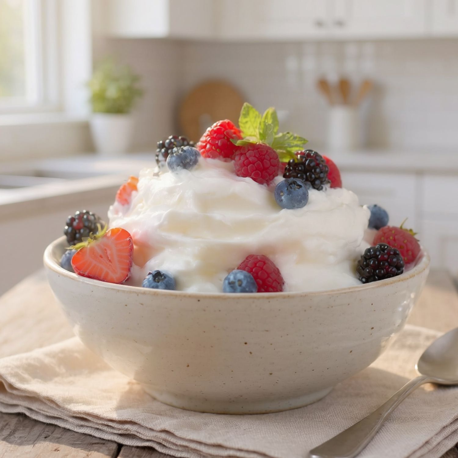 Schale mit cremigem Frozen Joghurt garniert mit Himbeeren, Brombeeren, Blaubeeren, Erdbeeren und Minzblatt auf Holztisch mit Löffel