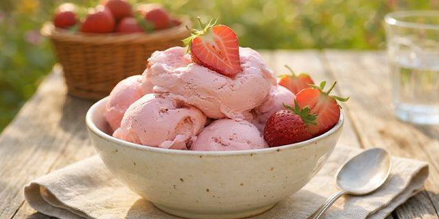 Protein-Erdbeer-Lite-Eis Schale mit mehreren Kugeln Erdbeereis, garniert mit frischen Erdbeeren, auf einem Holztisch mit Glas Wasser und Korb im Hintergrund