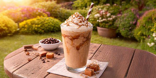 Frappé Glas mit Frappe, Sahnehaube, Karamellsauce und gestreiftem Trinkhalm auf Holztisch im Garten mit Schale Kaffeebohnen und Karamellstücken