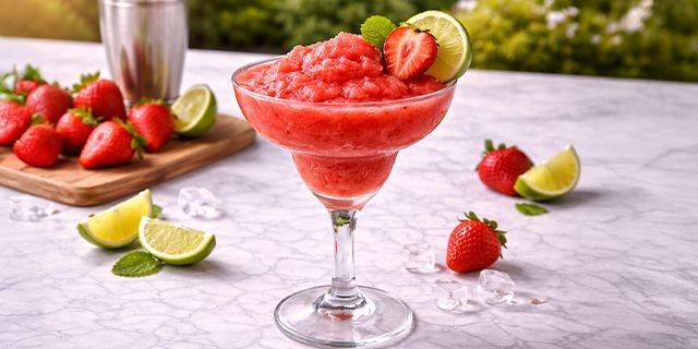 Erdbeer sorbet Gefrorener Erdbeer-Cocktail in einem Martiniglas garniert mit einer Erdbeere und einer Limettenscheibe auf einem Marmoruntergrund mit Limettenstücken, Erdbeeren, Eiswürfeln und einem Cocktailshaker im Hintergrund