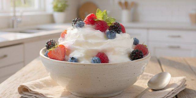 Beeren-Frozen-Yogurt Schale mit Frozen Joghurt, garniert mit verschiedenen Beeren und Minzblatt, auf einem Tuch auf Holztisch in heller Küche
