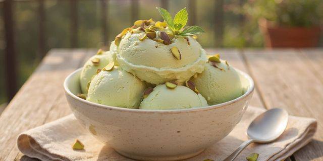 Pistazien Gelato Schale mit mehreren Kugeln Pistazieneis, garniert mit Pistazienstückchen und Minzblatt, auf Stoffserviette mit Löffel auf Holztisch