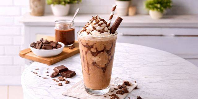 Schoko-Milchshake Glas mit Schokoladenmilchshake, Sahnehaube, Schokostreuseln, Trinkhalm und Schokorolle auf weißem Marmortisch mit Schokoladenstücken und Glas mit Schokoladensauce im Hintergrund