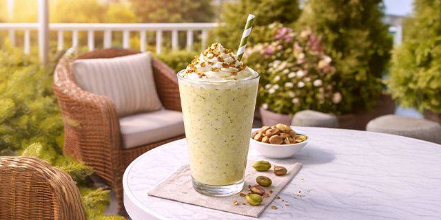 Pistazien-Milchshake Glas mit Pistazien-Milchshake, Sahnehaube und Strohhalm auf weißem Tisch mit Schale und Pistazien im Garten vor Korbsessel