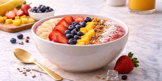 Tropische Mango-Bowl Schüssel mit Smoothie-Bowl, dekoriert mit Bananenscheiben, Erdbeeren, Heidelbeeren, Mangostücken, Granola und Kokosraspeln, daneben goldener Löffel und Erdbeere auf Marmoruntergrund