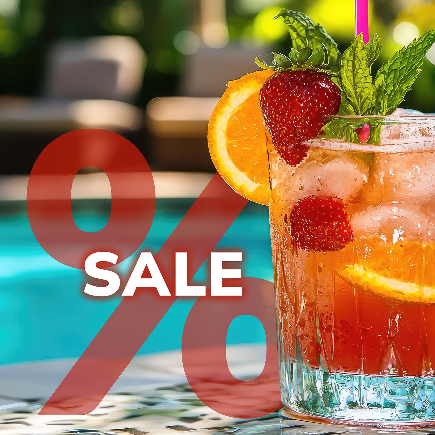 Fitvia Sale Cocktailglas mit Eiswürfeln, Orangenscheibe, Erdbeeren und Minzblättern vor einem Pool mit rotem Prozentzeichen und weißem Schriftzug 'SALE'