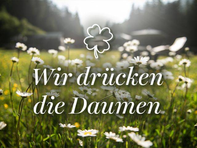 Viel Glück! Sonnenstrahlen über einem Brunnen mit Wasserspielen in einer Berglandschaft neben einem blauen Feld mit einem vierblättrigen Kleeblatt und dem Text 'Wir drücken die Daumen'