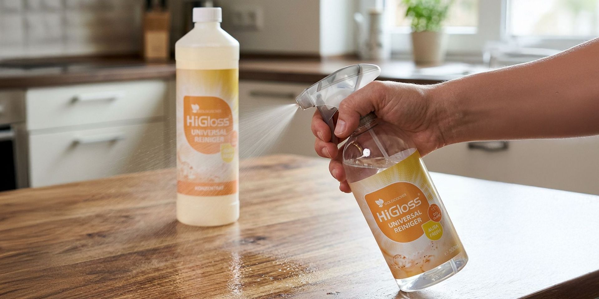 Hand hält eine Sprühflasche mit HiGloss Universal Reiniger auf einer Küchenarbeitsplatte mit einer weiteren Flasche im Hintergrund