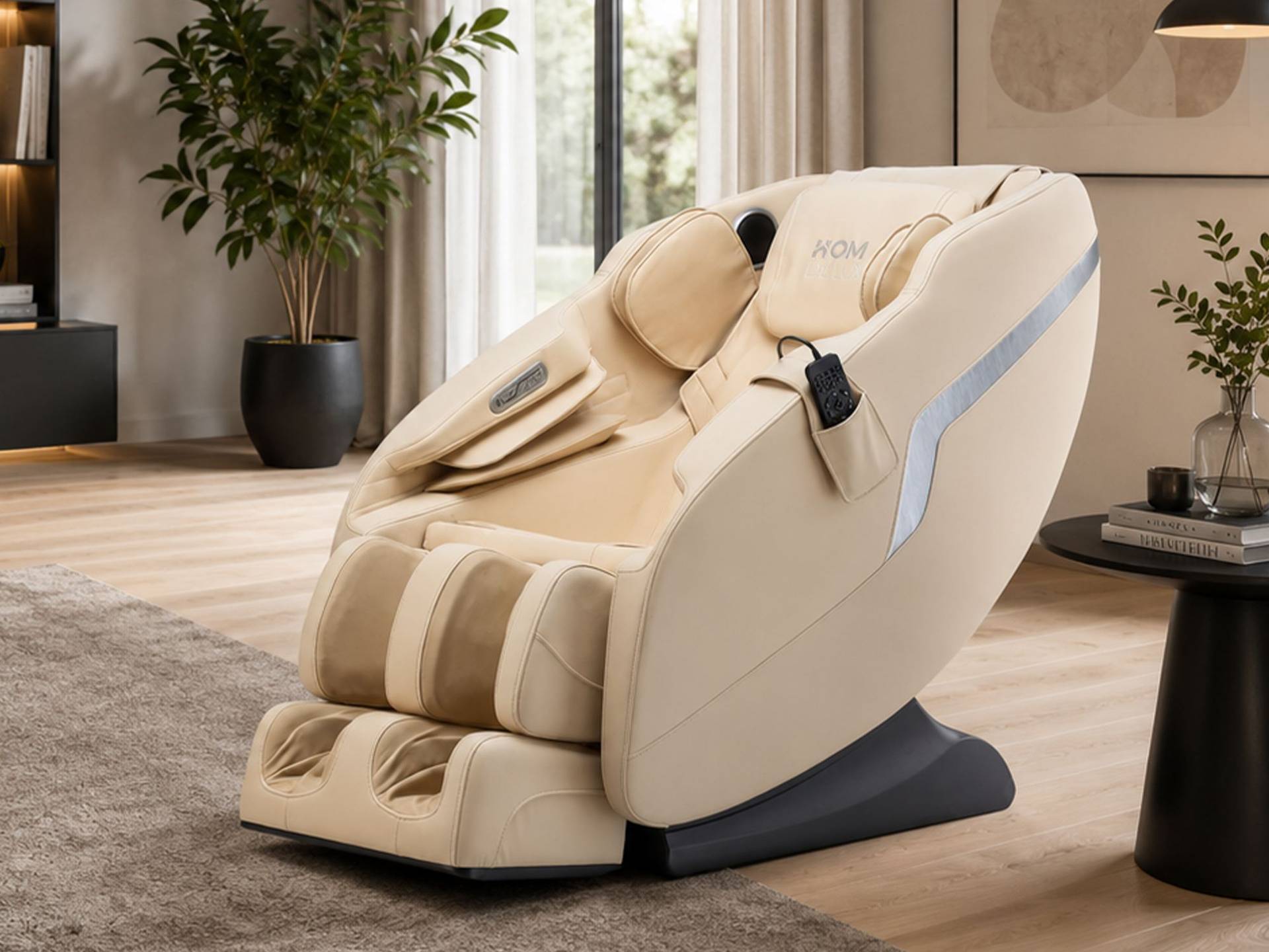 Massagesessel Vital Plus Beiger Massagesessel mit Fußstütze und Steuerung in modern eingerichteter Wohnung